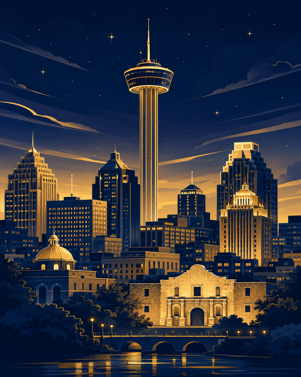 Stylized San Antonio skyline with the Tower of the Americas